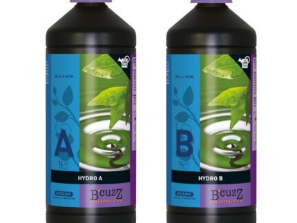 B'cuzz Hydro Nutrition by Atami. Ha sido concebido especialmente para el cultivo hidropónico en el cual el agua nutriente se filtra a través del sustrato y no se reutiliza, el Hydro Nutrition A+B se utiliza muy a menudo en el cultivo en lana de roca y mapito.