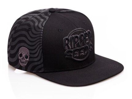 Gorra con logo Ripper Seeds de la nueva ola 2025 en blanco y negro. Gorra 100% Acrílico de 6 paneles Perfil alto Ojales Visera plana Estilo snapback Sistema de doble cierre