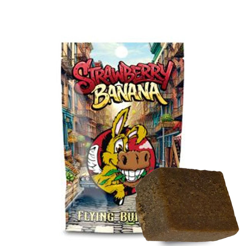 Cbd--Hash-Flying-Burrito-Strawberry-Banana--2-gr-EXTREMADURA El CBD Hash Strawberry Banana de Flying Burrito destaca por su textura compacta y resinosa, con un perfil aromático dulce y afrutado que combina notas de fresa y plátano con sutiles matices herbales.